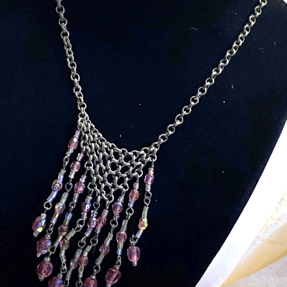 Vintage 80s Pink Glass Work Gunmetal Chain Fringe Bib Necklace AB Dangles